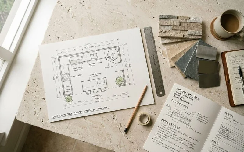 Outdoor kitchen layout schematic with all components labeled