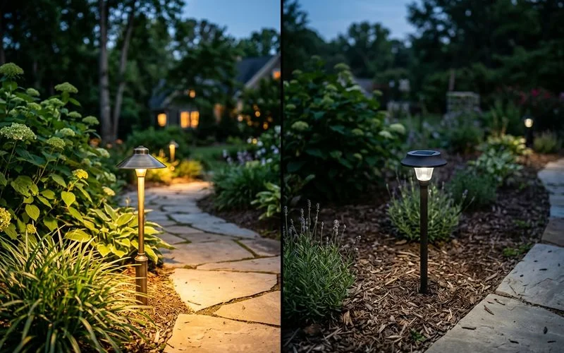 Brightness comparison of low-voltage path light versus solar path light