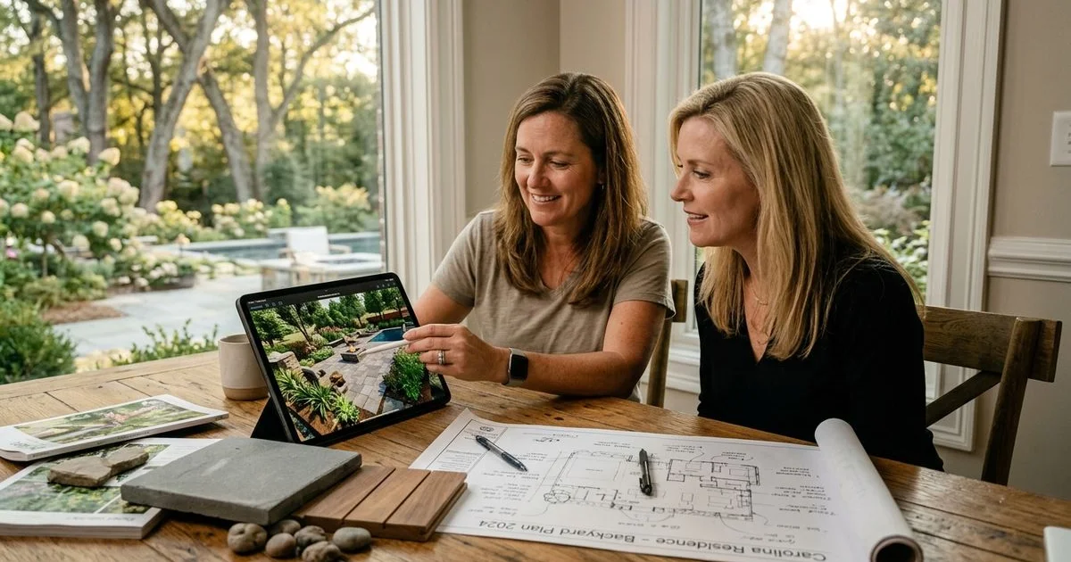 Designer reviewing 3D rendering with Carolinas homeowner in studio setting