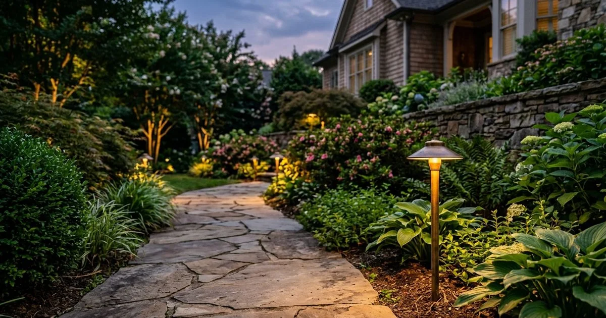 Premium brass low-voltage landscape fixture in Carolinas garden at evening