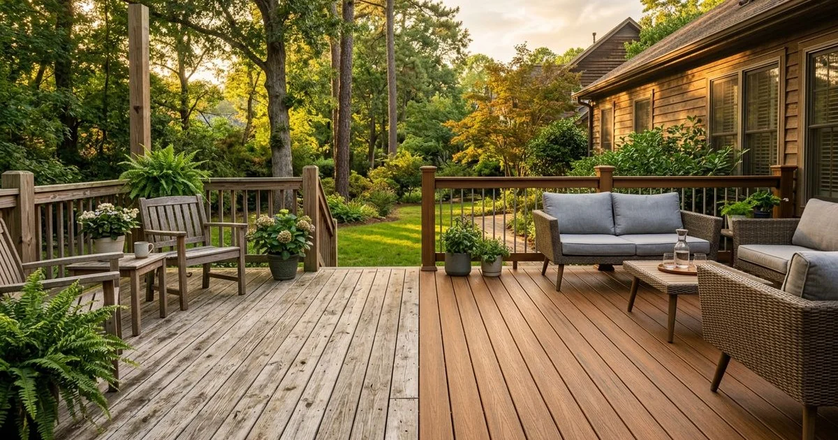 Side-by-side comparison of pressure-treated wood and composite decking in Carolinas backyards