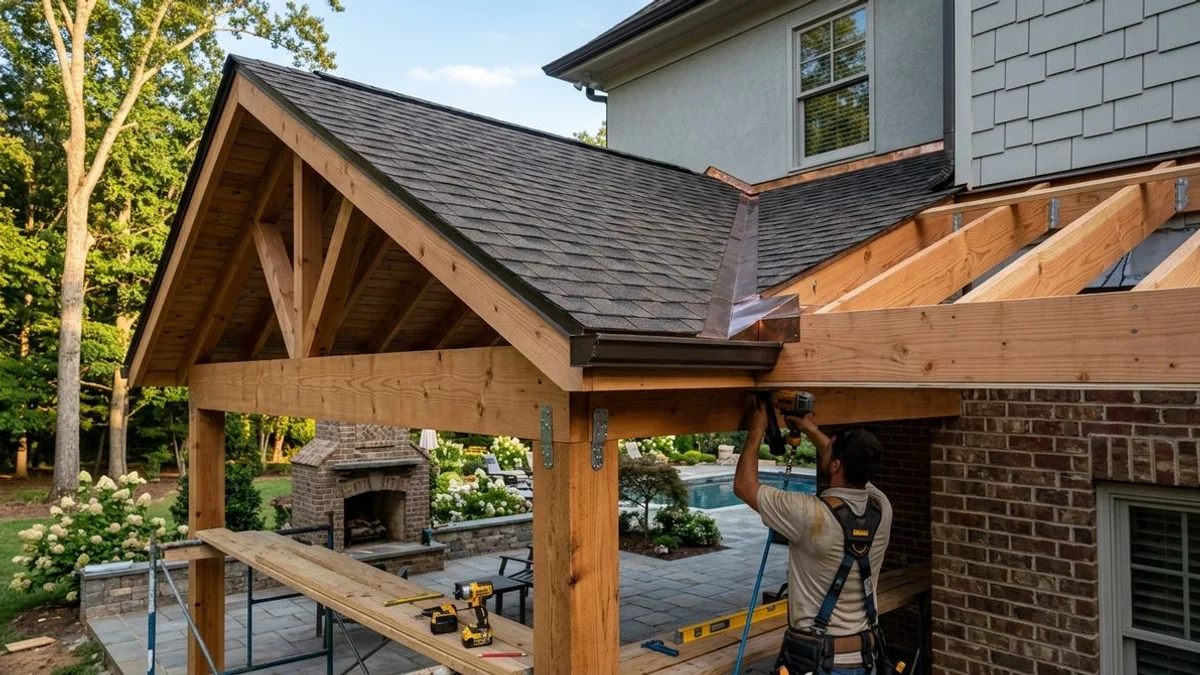 Covered patio roof framing tie-in with proper flashing and drainage detail