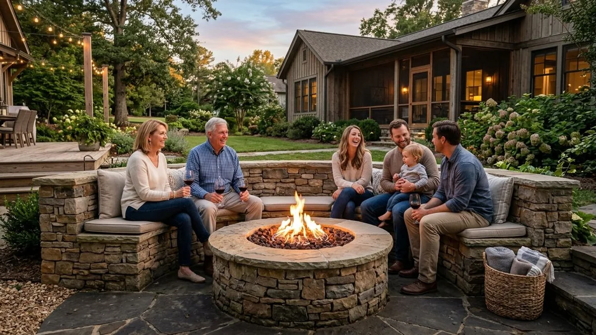Gas fire pit with integrated seat wall and family gathering at twilight in Carolinas backyard
