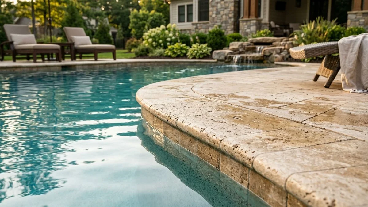 Travertine pool deck with coping detail and salt-rated sealant in Carolina luxury pool environment