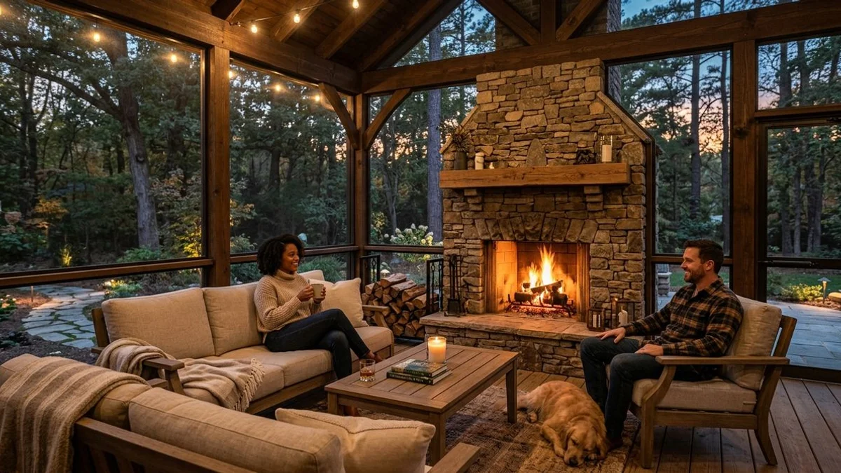 Wood-burning outdoor fireplace with stone surround inside screened porch at twilight